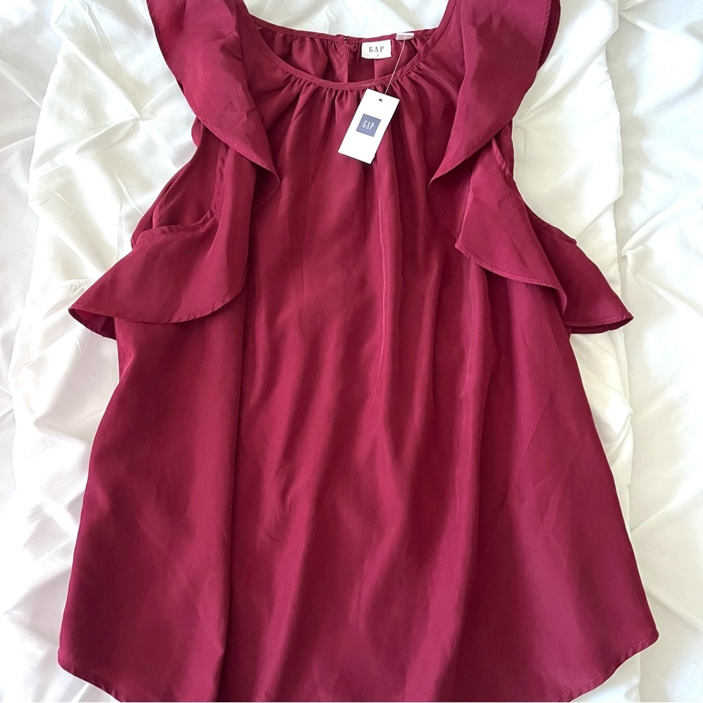 Gap Burgundy Ruffle Silk-Like Tank Top, Size Small, NWT, & Gorgeous!